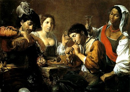 Valentin de Boulogne, Musician and Drinkers. Free illustration for personal and commercial use.