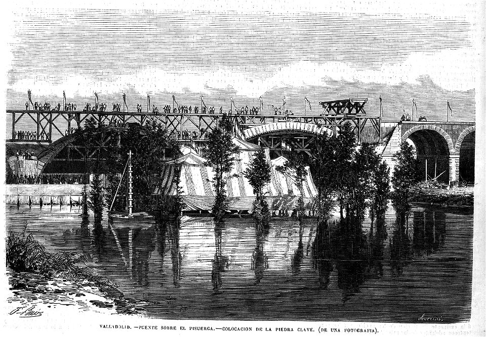 Valladolid, puente sobre el Pisuerga, colocación de la piedra clave, en El Museo Universal