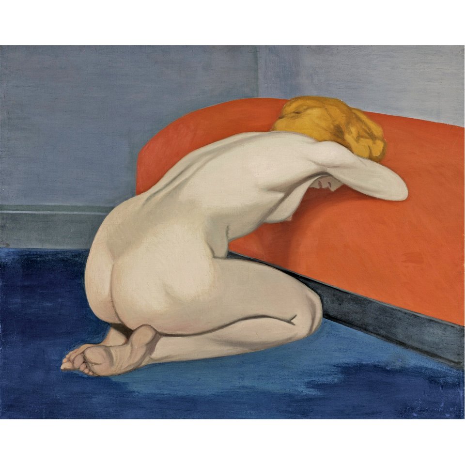 Vallotton - FEMME NUE AGENOUILLÉE DEVANT UN CANAPÉ ROUGE, 1915, lot.37