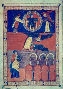 Valcavado Beatus f. 189v - John at angel's feet. Free illustration for personal and commercial use.