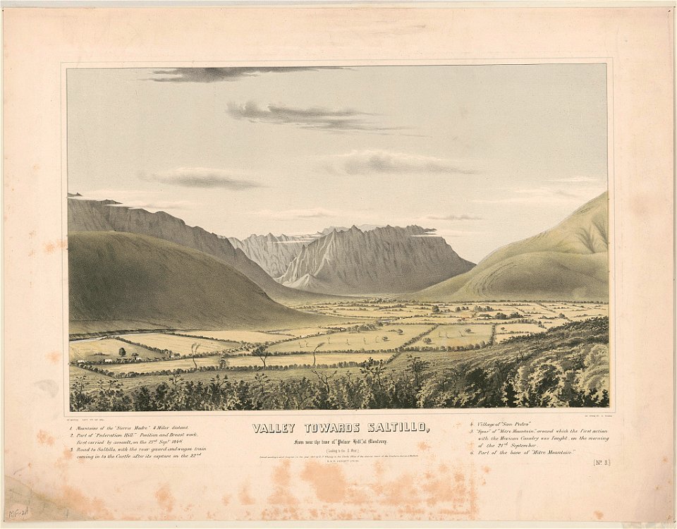 Valley towards Saltillo, from near the base of Palace Hill, at Monterey (sic) (looking to the S. West) - D.P. Whiting Capt. 7th Inf. del. ; on stone by C. Parsons. LCCN98513682