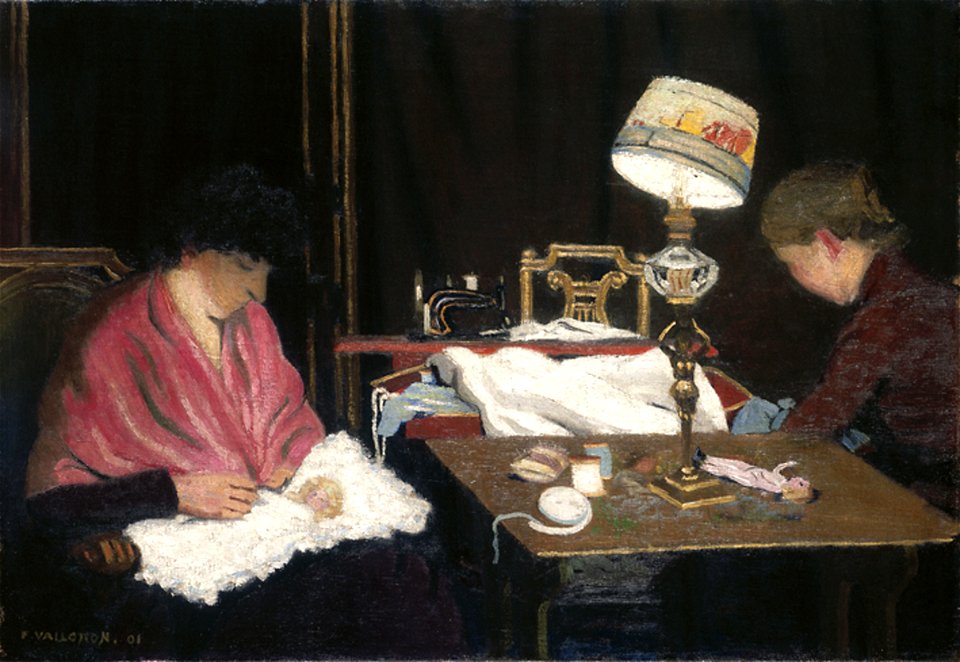 Vallotton - Femme, châle rose, cousant à la lampe, 1901, BA 1997-0011