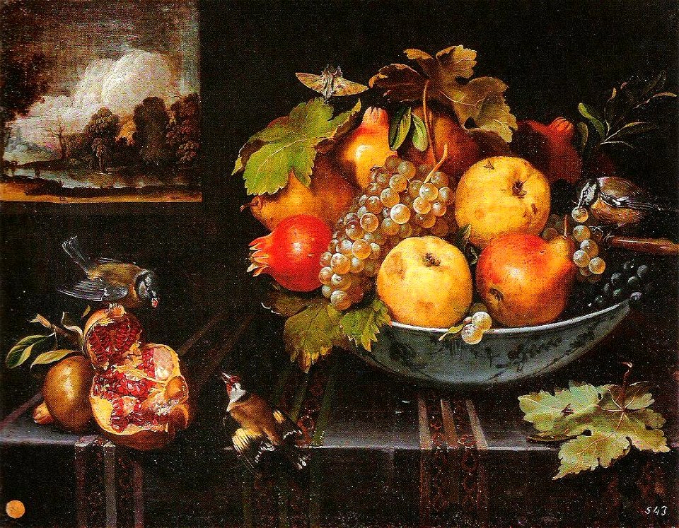 Van der Hamen y León - Stillleben mit Obstschale, Vögeln und Fensterausblick 1623