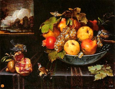 Van der Hamen y León - Stillleben mit Obstschale, Vögeln und Fensterausblick 1623
