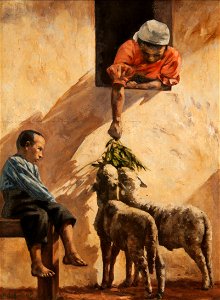 Van Emelen, Adrien Henri Vital - Mulher na Janela Alimentando Cordeiros, Menino Sentado numa Banqueta (cropped)
