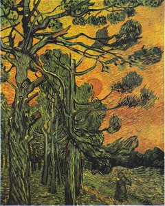 Van Gogh - Kiefern mit untergehender Sonne und weiblicher Figur