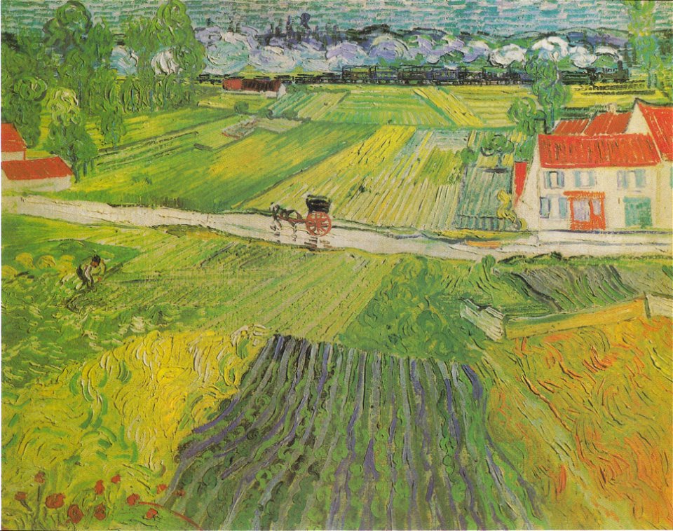 Van Gogh - Landschaft mit Pferdewagen und Zug im Hintergrund