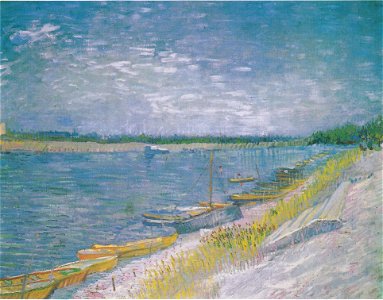 Van Gogh - Flußlandschaft mit Ruderbooten am Ufer. Free illustration for personal and commercial use.