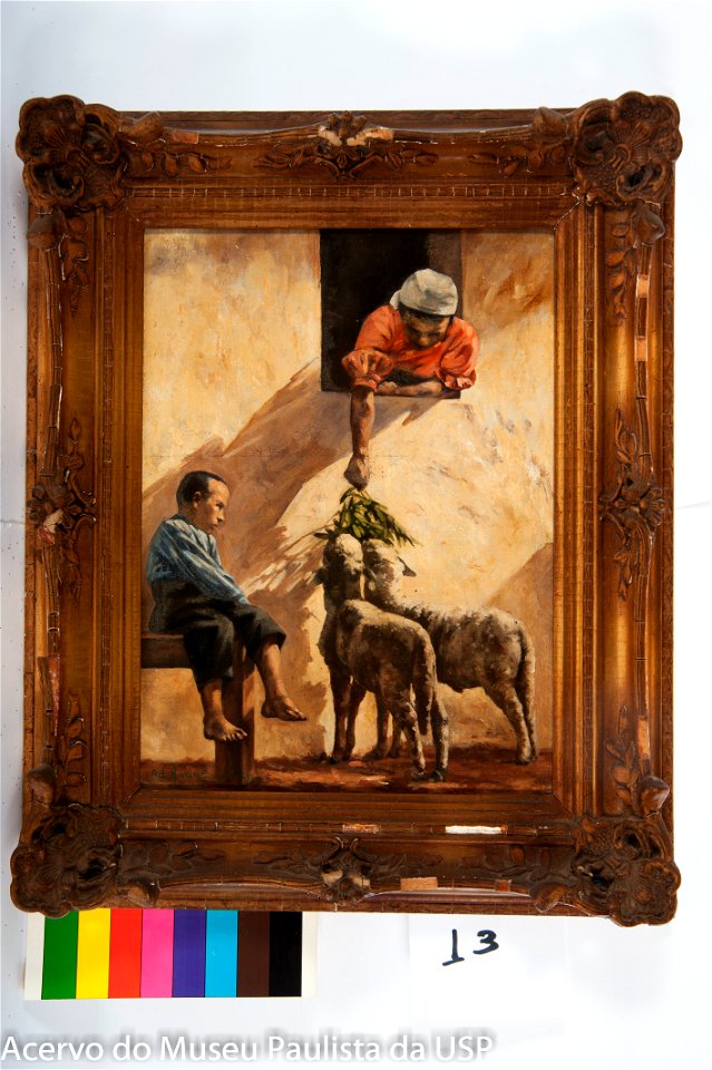 Van Emelen, Adrien Henri Vital - Mulher na Janela Alimentando Cordeiros, Menino Sentado numa Banqueta