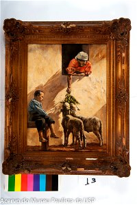 Van Emelen, Adrien Henri Vital - Mulher na Janela Alimentando Cordeiros, Menino Sentado numa Banqueta