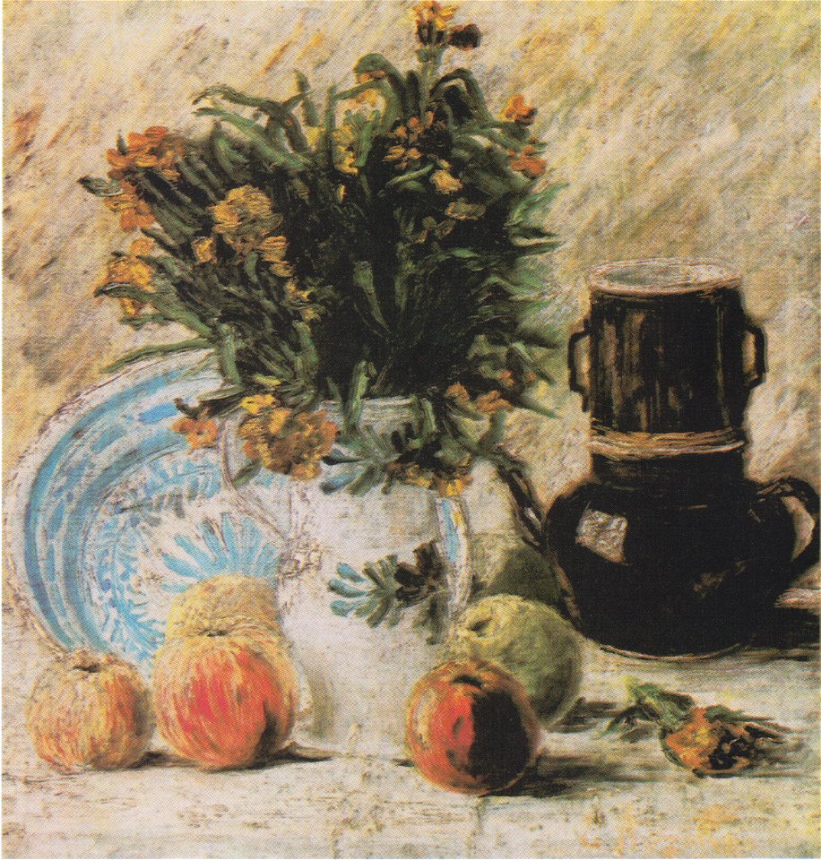Van Gogh - Vase mit Blumen, Kaffeekanne und Früchte