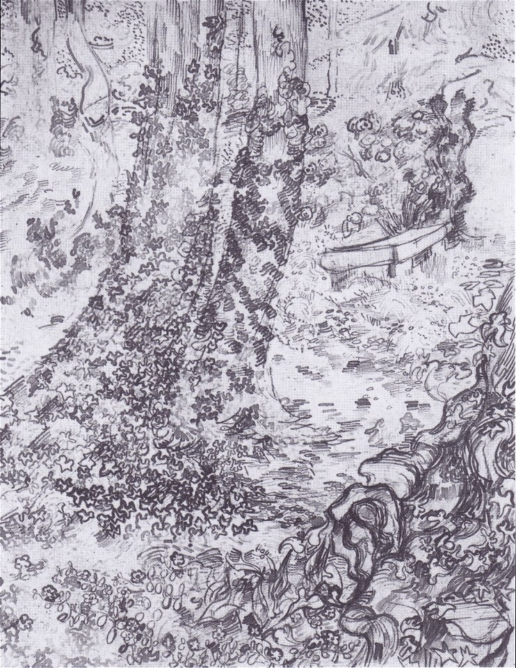 Van Gogh - Bäume mit Efeu und Bank im Garten des Hospitals Saint-Paul