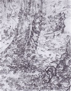 Van Gogh - Bäume mit Efeu und Bank im Garten des Hospitals Saint-Paul
