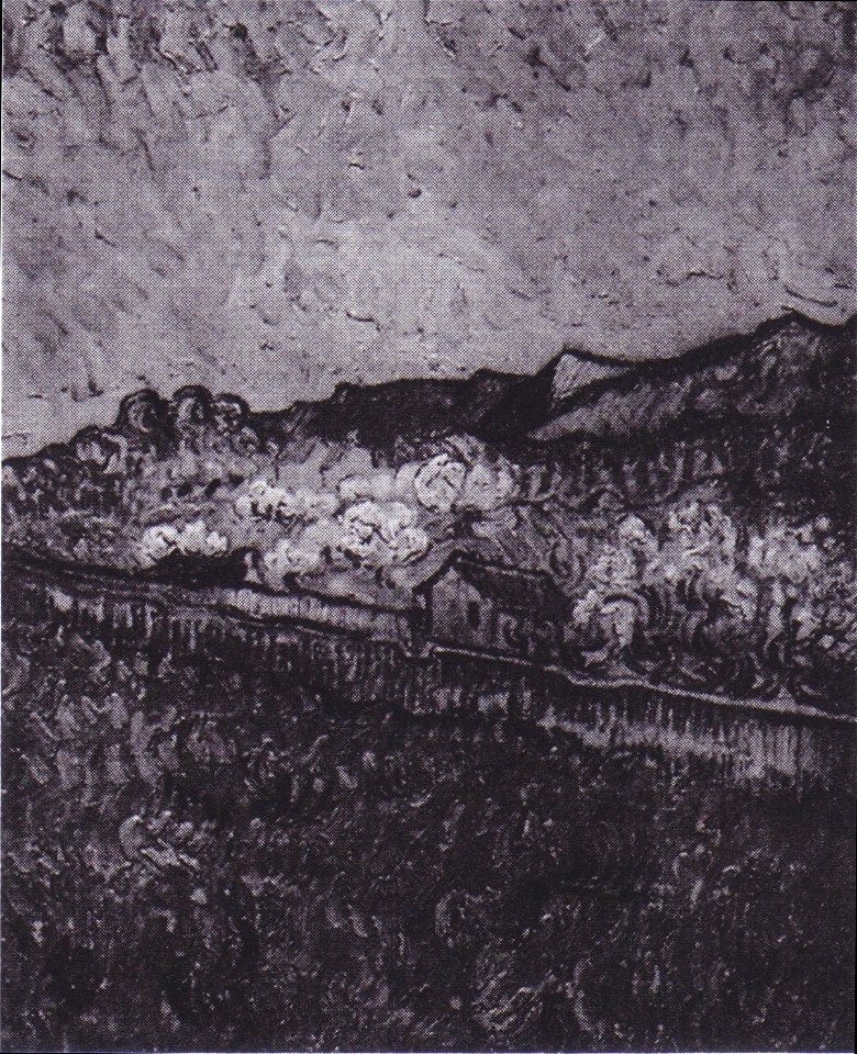 Van Gogh - Umfriedetes Feld mit Blick auf eine Berglandschaft
