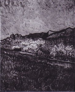 Van Gogh - Umfriedetes Feld mit Blick auf eine Berglandschaft