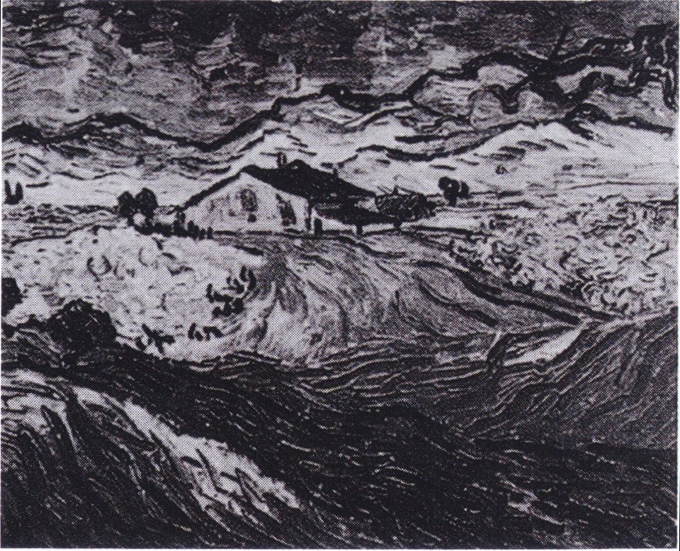 Van Gogh - Landschaft mit Bauernhaus und Bergkette im Hintergrund