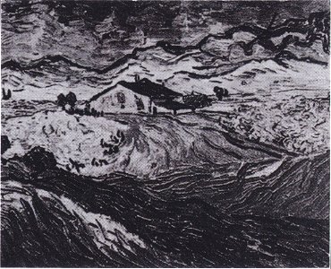 Van Gogh - Landschaft mit Bauernhaus und Bergkette im Hintergrund