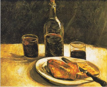 Van Gogh - Stillleben mit Flasche, Zwei Gläsern, Käse und Brot