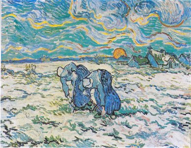 Van Gogh - Zwei grabende Bäuerinnen auf schneebedecktem Feld. Free illustration for personal and commercial use.