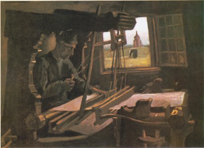 Van Gogh - Weber vor offenem Fenster mit Blick auf den Turm von Nuenen. Free illustration for personal and commercial use.