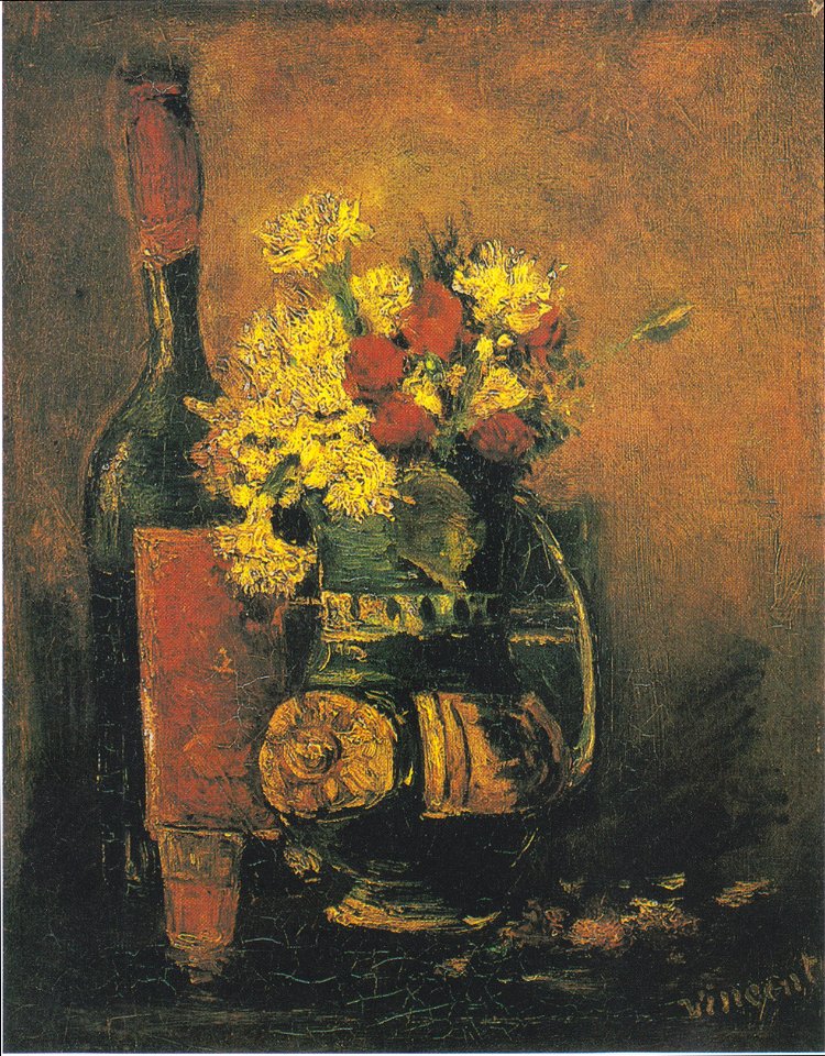 Van Gogh - Vase mit weißen Nelken und Röschen und Flasche