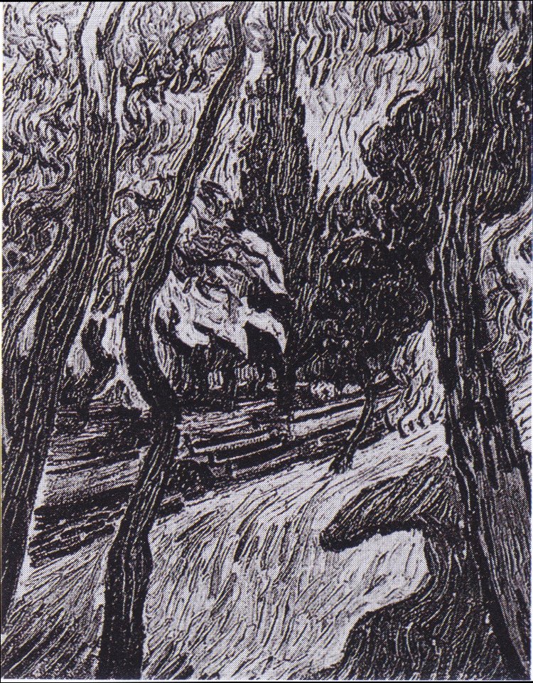 Van Gogh - Bäume und Figur vor dem Hospital Saint-Paul