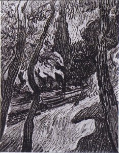Van Gogh - Bäume und Figur vor dem Hospital Saint-Paul