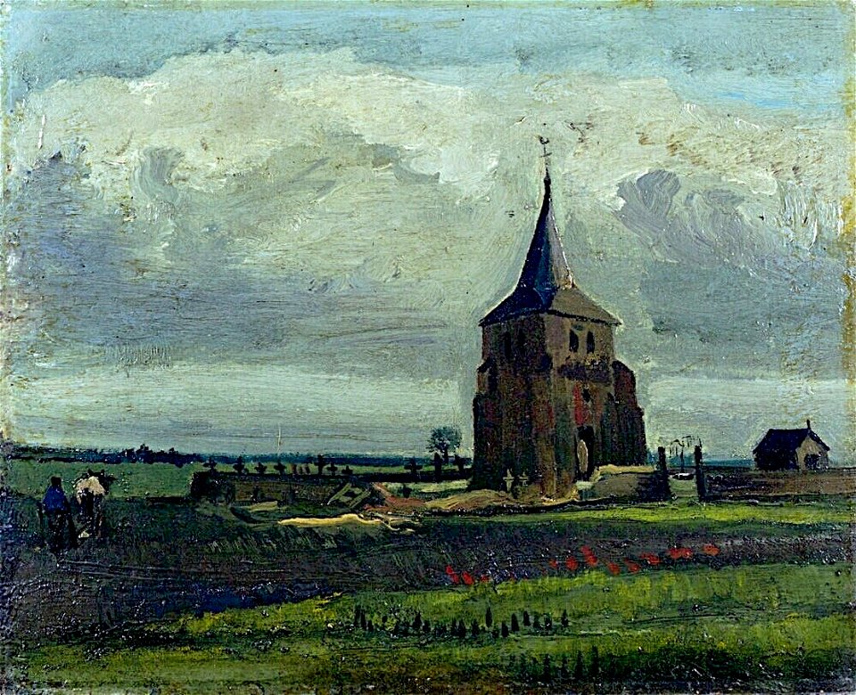 Van Gogh -Der alte Friedhofsturm in Nuenen mit plügenden Bauern