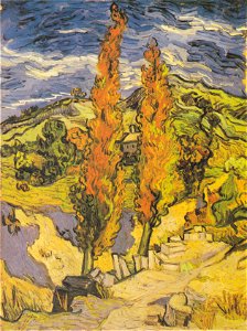 Van Gogh - Zwei Pappeln an einem Weg durch die Hügel. Free illustration for personal and commercial use.