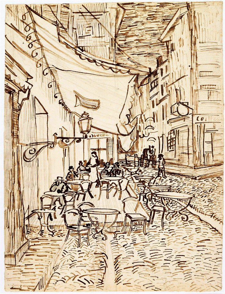 Vincent van Gogh. Café Terrace at Night. 1888. Reed pen and ink over pencil on laid paper, (65.4 x 47.1 cm). Dallas Museum of Art