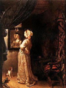 Van Mieris I, Frans van - Woman before the Mirror (detail) - c. 1670. Free illustration for personal and commercial use.
