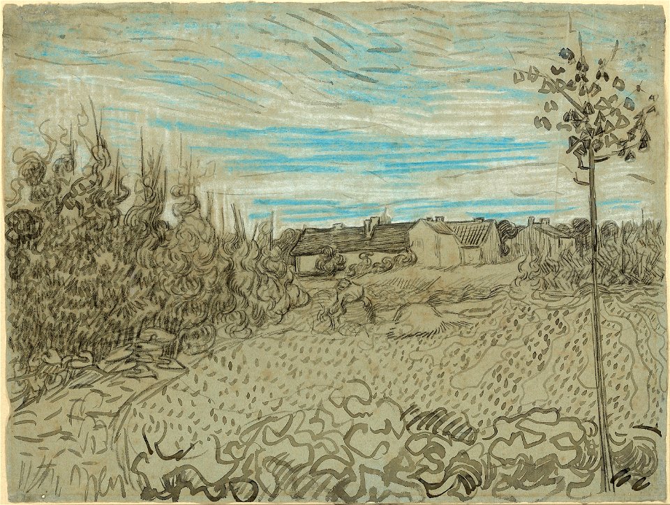 Vincent van Gogh - Cottages with a Woman Working in the Middle Ground (1890)
