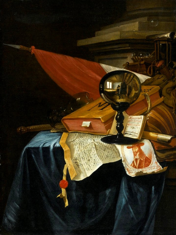 Vanitas Still Life with Crystal Ball Reflecting by Vincent Laurensz. van der Vinne I