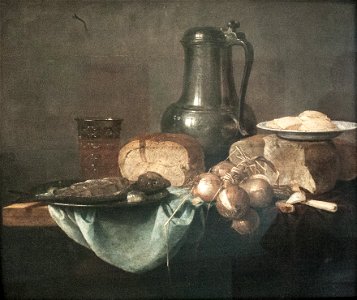 Van Rabel - Still Life with Fish, Bread and Onions. Free illustration for personal and commercial use.