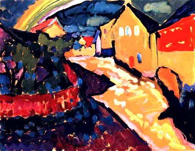 Vassily Kandinsky, 1909 - Murnau with rainbow. Free illustration for personal and commercial use.