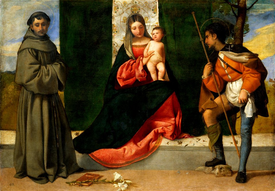 Vecellio di Gregorio Tiziano - La Vergine e il Bambino, tra San Antonio de Padova e San Rocco