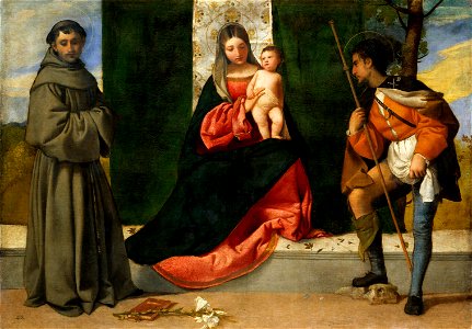 Vecellio di Gregorio Tiziano - La Vergine e il Bambino, tra San Antonio de Padova e San Rocco. Free illustration for personal and commercial use.