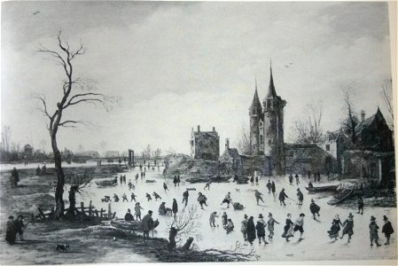 Esaias van de Velde - Fun on the ice near the Oosterpoort in Delft. Free illustration for personal and commercial use.