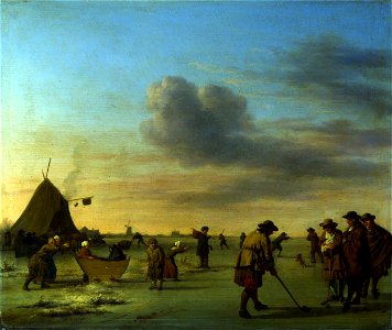 Adriaen van de Velde - Golfers op het ijs in de buurt van Haarlem (1668). Free illustration for personal and commercial use.