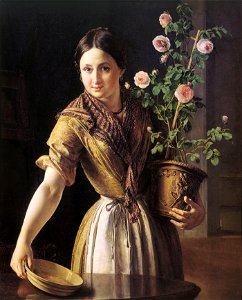 Vasily Tropinin - Girl with roses. Free illustration for personal and commercial use.