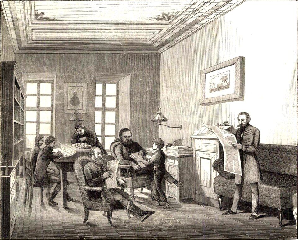 Vasárnapi Ujság szerkesztői irodája (Pollák Zsigmond metszete, 1863)