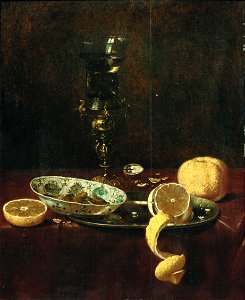 Jan van de Velde (III) - Stilleven met een porseleinen schaal, bekerschroef en citroenen
