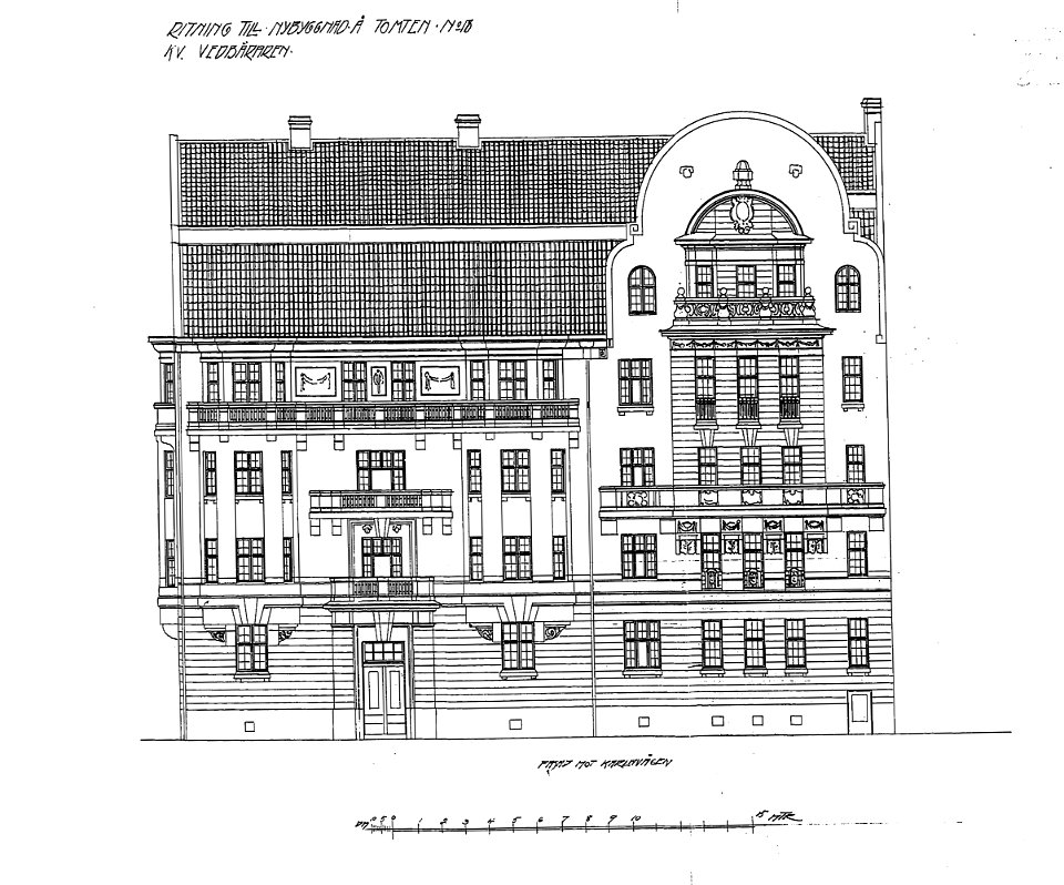 Vedbäraren 18, fasadritning, 1912a