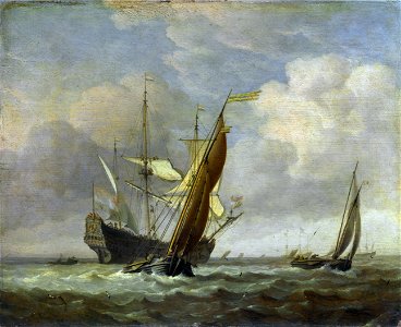 Willem van de Velde II - Two Small Vessels and a Dutch Man-of-War in a Breeze. Free illustration for personal and commercial use.
