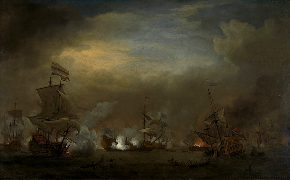 Nachtelijk gevecht tussen Cornelis Tromp op de 'Gouden Leeuw' en Sir Edward Spragg op de 'Royal Prince' tijdens de zeeslag bij Kijkduin, 21 augustus 1673; episode uit de Derde Engelse Rijksmuseum SK-A-2393