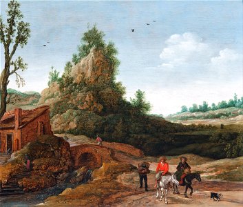 Esaias van de Velde - A landscape with travellers crossing a bridge before a small dwelling, horsemen in the foreground - Google Art Project