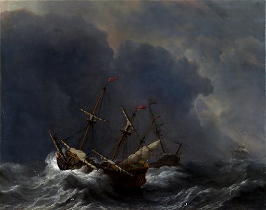 Willem van de Velde II - Three Ships in a Gale. Free illustration for personal and commercial use.