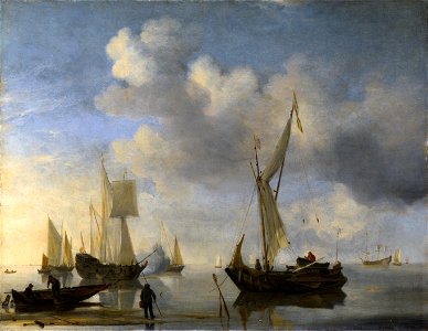 Willem van de Velde II - Dutch Vessels lying Inshore in a Calm, one Saluting. Free illustration for personal and commercial use.