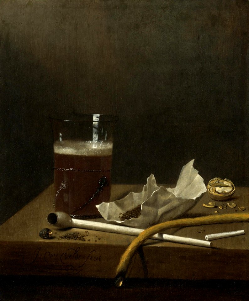 Jan van de Velde (III) - Stilleven met een glas bier en rookgerei (1658)