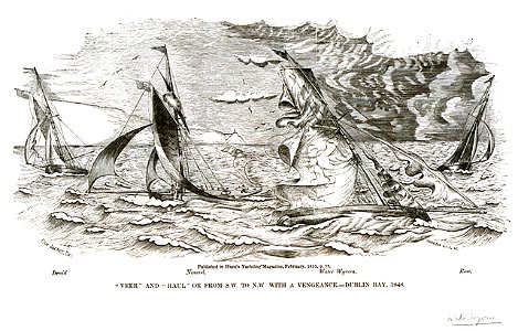 Veer and Haul or from S.W to N.W. with a Vengeance. - Dublin Bay, 1848. Published in Hunt's Yachting Magazine February, 1855, p.53 RMG PU6536. Free illustration for personal and commercial use.